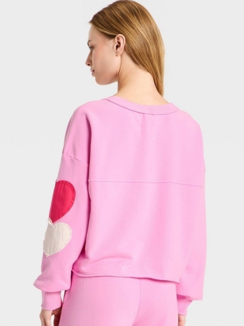 JoyLab Pink Cropped Crewneck Long Sleeve Top Heart Patch Sweater NWT Medium - Picture 3 of 5